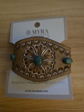 Myra Bag Tan Leather Floral Cuff Bracelet with Green Accents